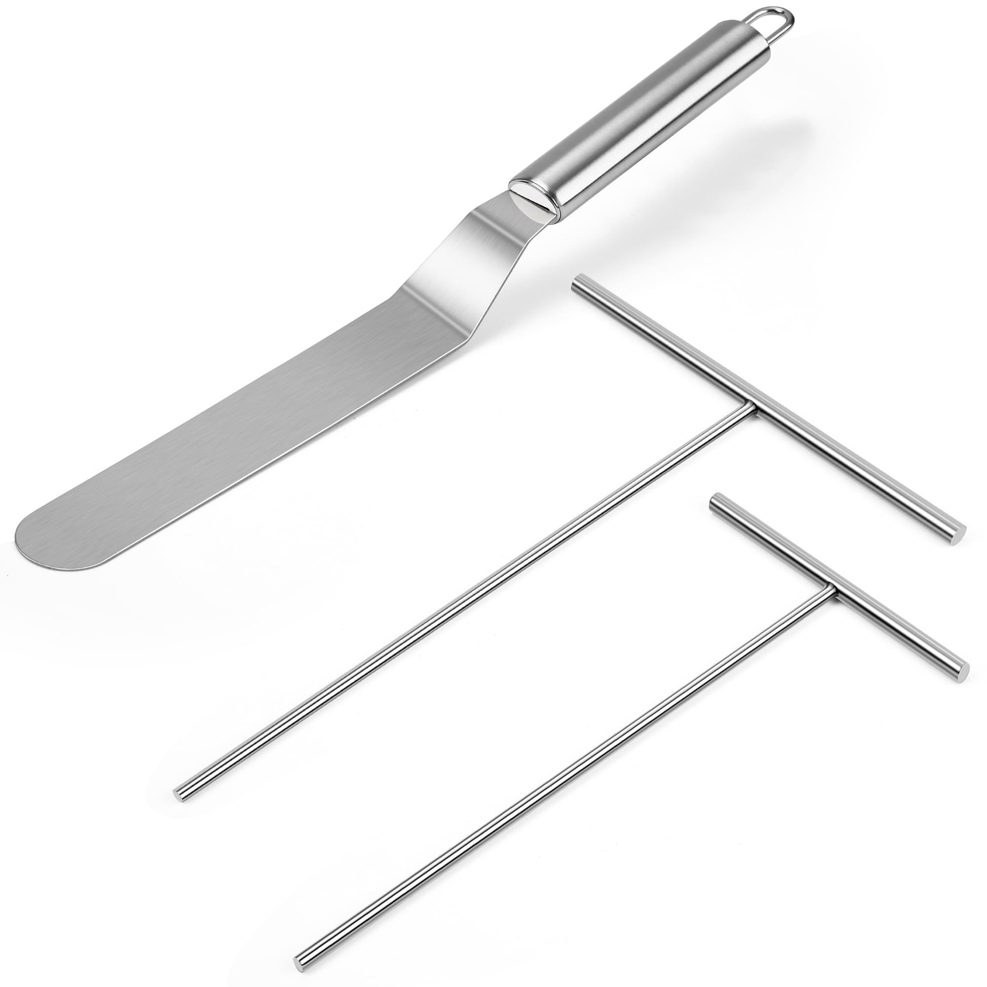 Kit de esparcidor y espátula de crepé, espátula curvada con mango de metal de 12 pulgadas, acero inoxidable de 7 y 5 pulgadas, esparcidores de masa en forma de T, herramienta para panqueques, palitos