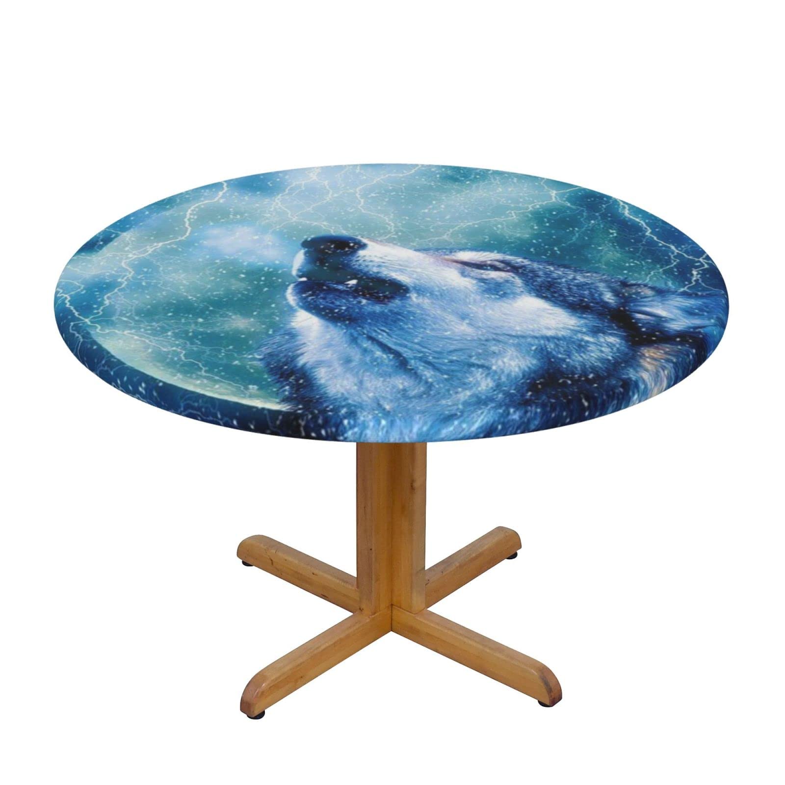 Lsjuee Round Fitted Tablecloth 45-50in Elastic Edged Table Cloth for Kitchen Dining Party Home Decor - Wolf Lightning Cool