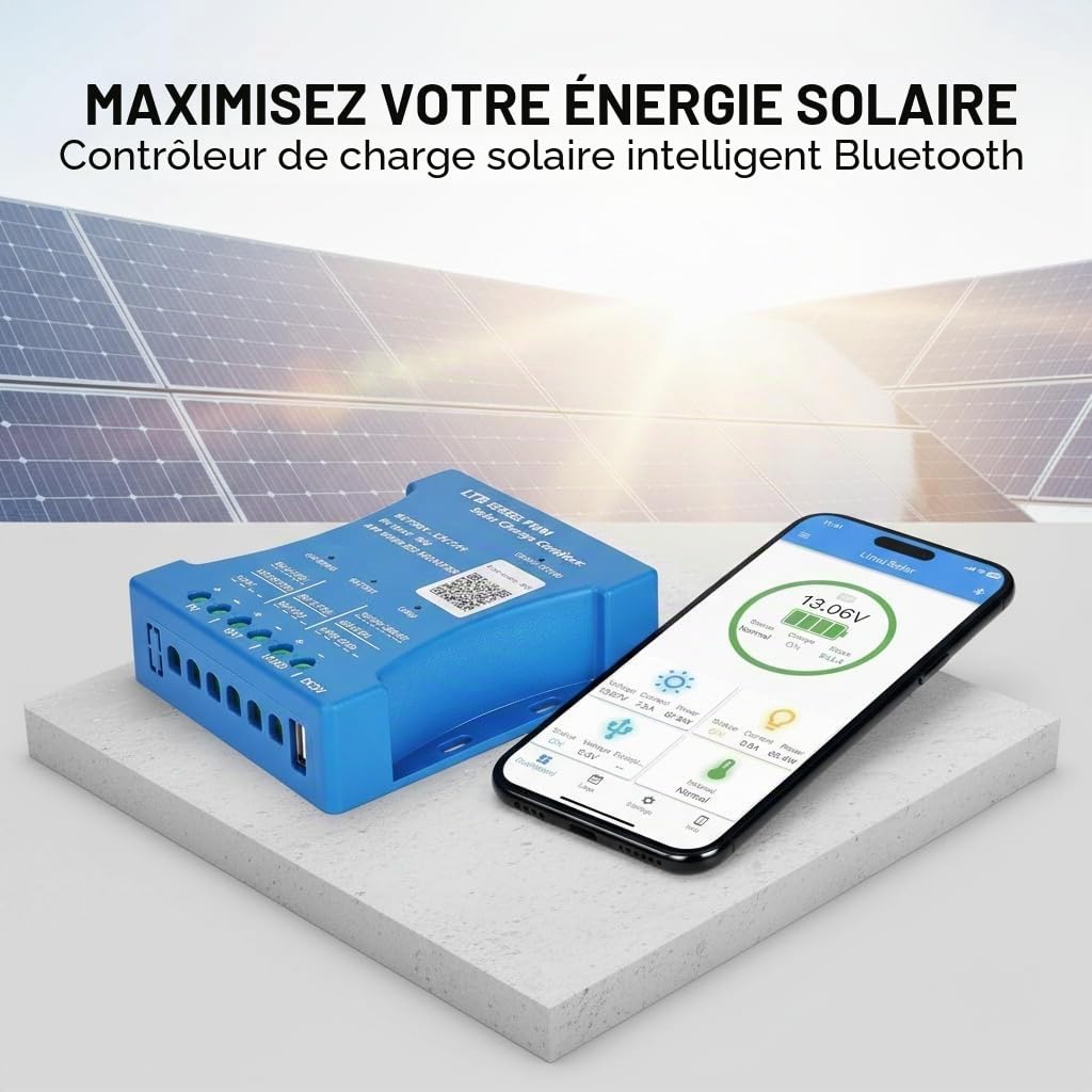 【30A Contrôleur de Charge Solaire Bluetooth】Régulateur Solaire 30A PV max 50V 12V/24V Contrôleur Solaire PWM pour Batteries Acide au Plomb, LiFePO4, Lithium