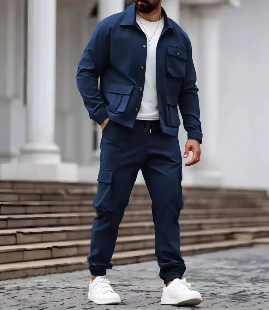 Men's Cargo Jacket Pants Set Multi Pocket Outdoor Suit Long Sleeve Button Up Jacket Elastic Waist Trousers