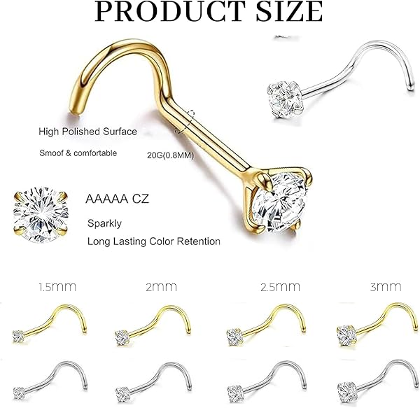 Kabwea 8 pcs 316L piercing nasal connecteur, acier chirurgical, hypoallergénique - 2