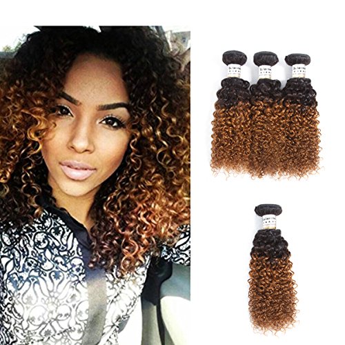 T1B/30 Medium Auburn Ombre Brazilian Kinky Curly Virgin Hair 3 Bundles Blonde Brownish Orangeish Color Two Tone Ombre Curly Hair Weave Soft Bouncy (14inch & 16inch & 18inch)