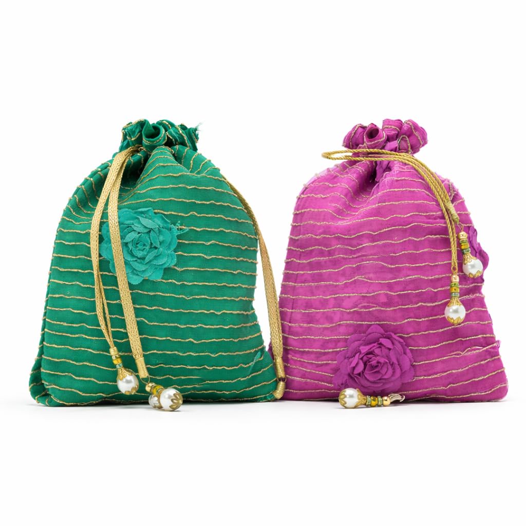 Drawstring Potli Bag, Green with Gold Stripes, Fabric with Floral Embellishments, Traditional Style Set of 2-image-22