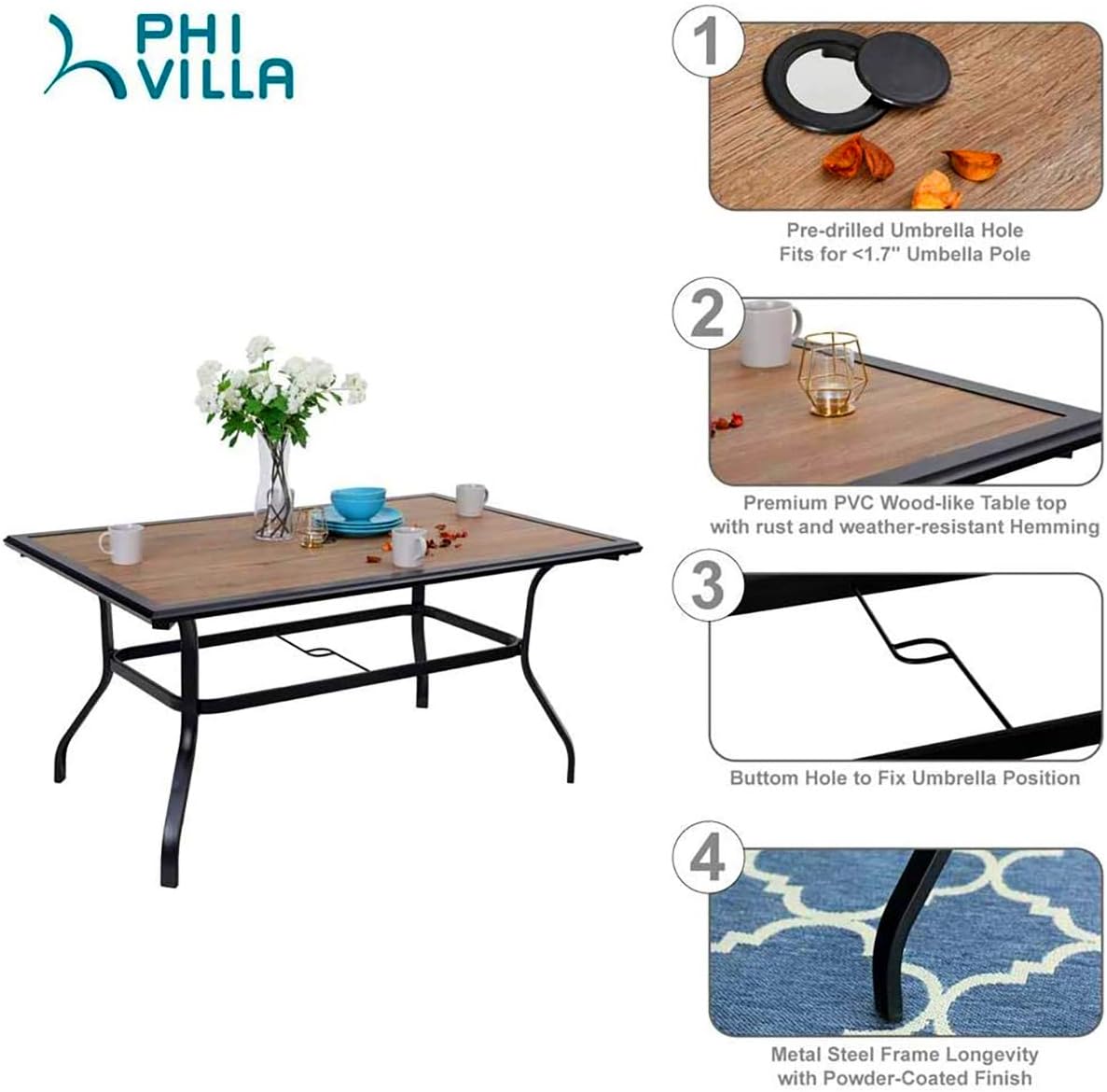 PHI VILLA 7 Piece Outdoor Dining Set with Cushion, Rectangle Polywood Metal Dining Table with Umbrella Hole & 6 Iron Chairs for Patio, Deck, Porch : Patio, Lawn & Garden