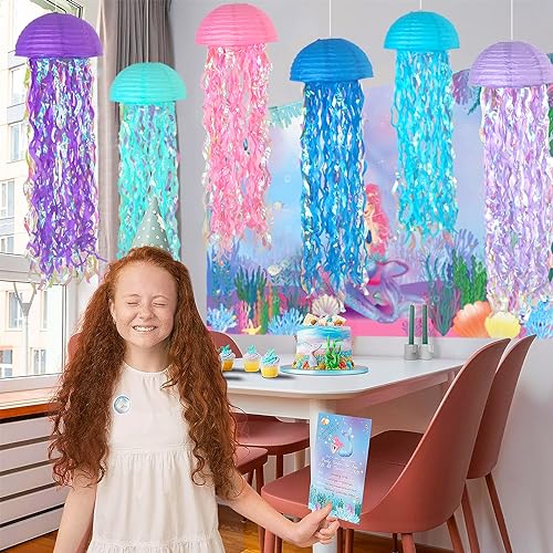 Image of 10 Inch Jellyfish Paper Lanterns 6 Pack, Hanging Decor for Under The Sea Party Decorations, Ocean Themed Birthday Supplies, Mermaid Baby Shower, Nautical Event and Classroom Decor