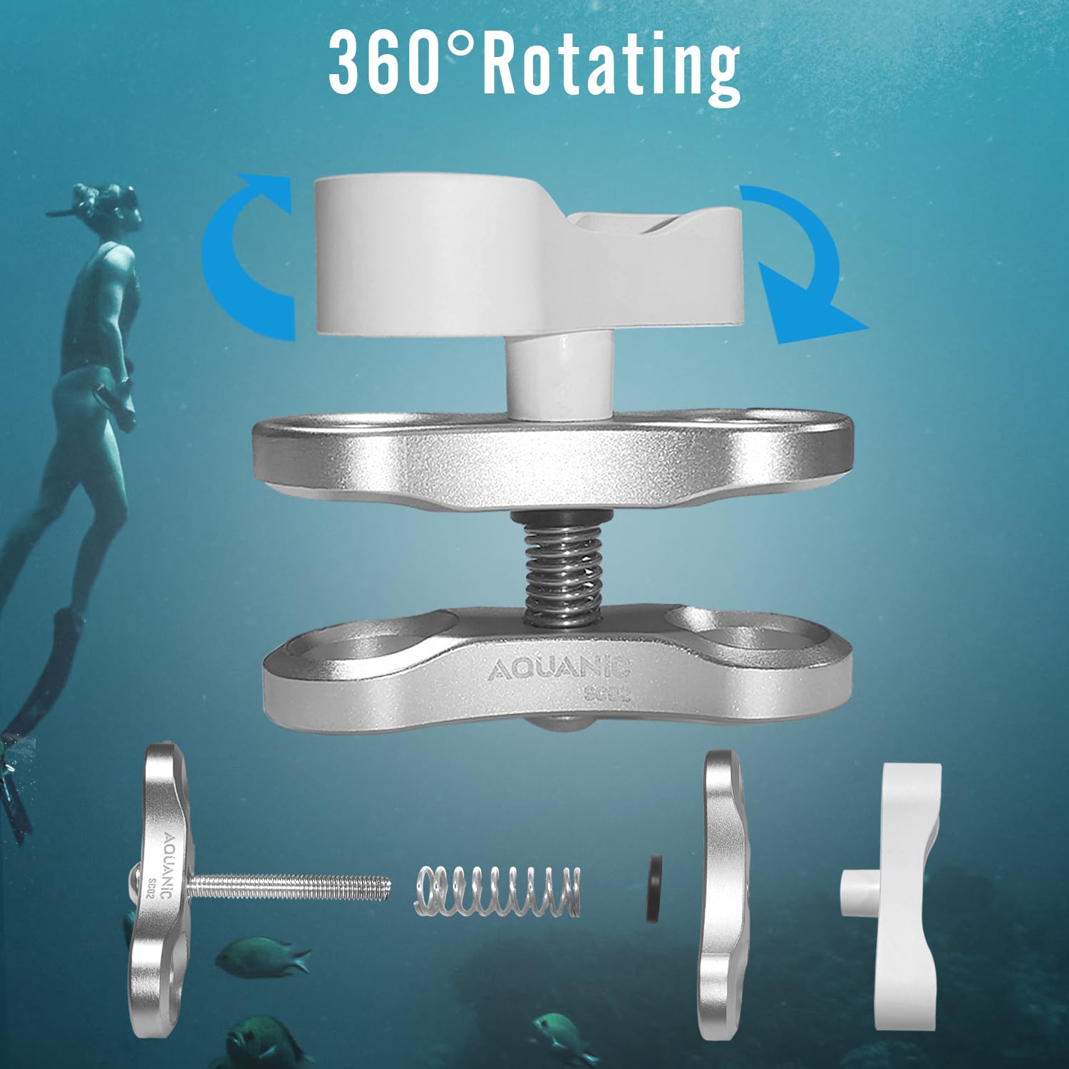 nitescuba 2 Soportes de Abrazadera de Bola estándar de 1 Pulgada, Soporte de Abrazadera de Bola Larga de 360° para Sistema de Bandeja de Brazo de luz de Buceo subacuático (SC02-W)