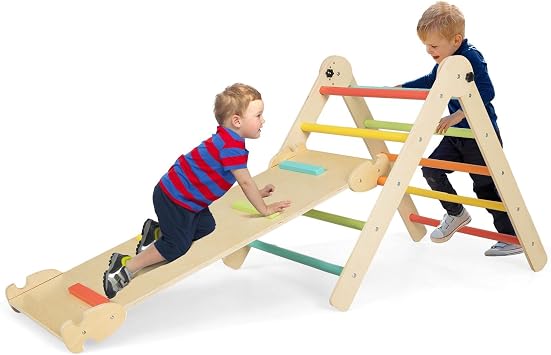 GLACER Climbing Toys for Toddlers, 4 in 1 Foldable Montessori Triangle Climber with Adjustable Angles Ramp, WoodBaby Climbing Gym in Daycare, Gym & Playground for Boys Girls Colorful