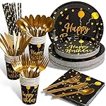 200 pieces of black and gold birthday party supplies, disposable happy birthday tableware set, gold plastic knives, forks, spoons, straws. Birthday themed tray, cup,25Guests (black)