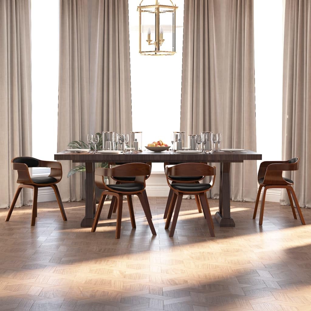 Sillas de comedor de 6 piezas, negro y natural, 49 x 51 x 70 cm | Piel sintética suave, asiento acolchado de espuma, patas de madera curvada, carga máxima 110 kg