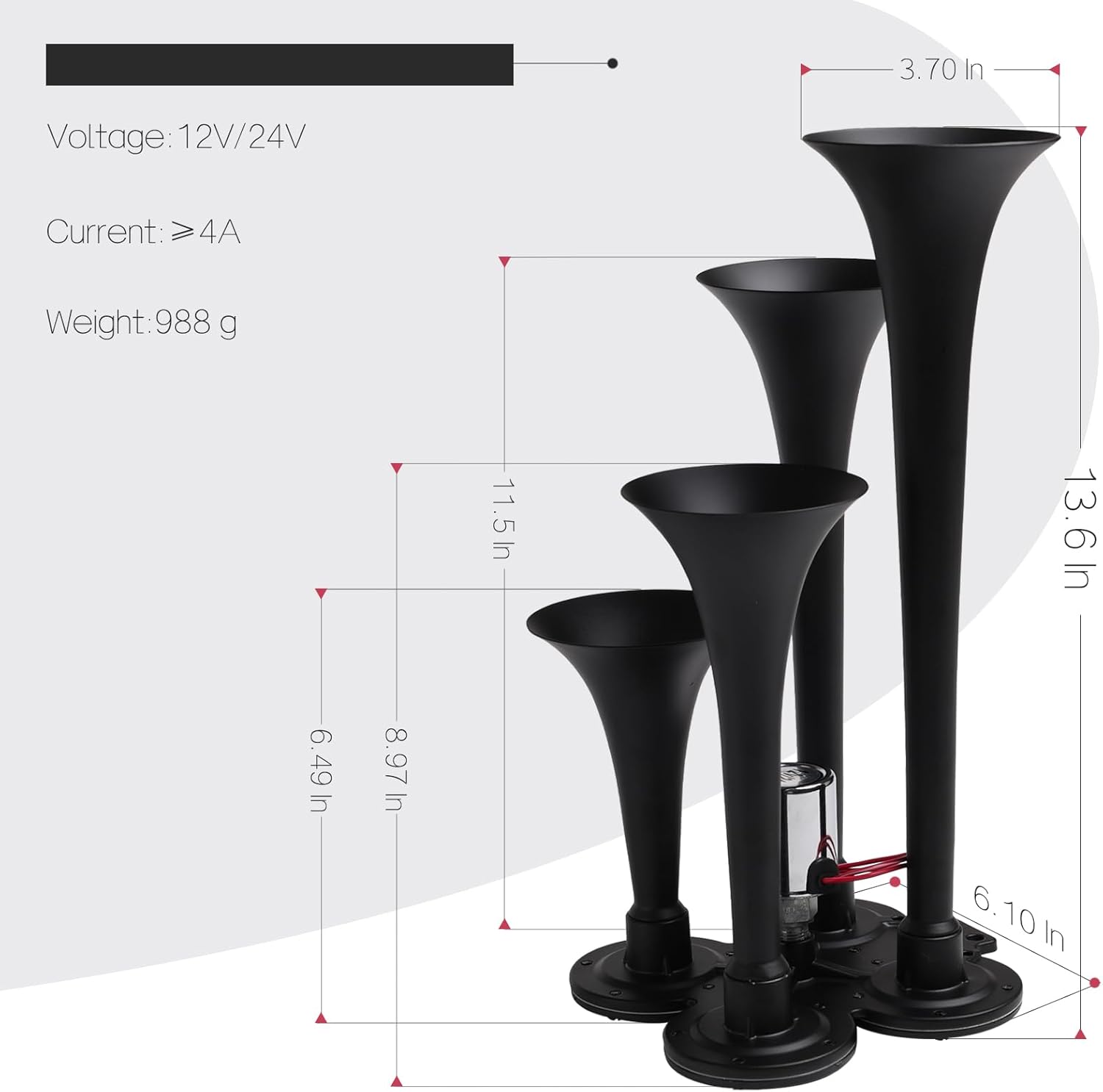 FARBIN 12V/24V Truck Air Horn 178DB 4 Trumpet Horns Train Horn for Truck Super Loud Air horns with Electric Solenoid Chrome Universal for Pickup Car Jeep SUV Train Boat (black 4-tube 12/24V)