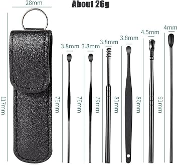 Spring Ear Cleaning Tool Kit - Contains 6 Pieces of Adult Spiral Ear Wax Remover, Ear Picker, Ear Wax Remover, Etc. -Ear Wax Removal Kit with Housing - Black