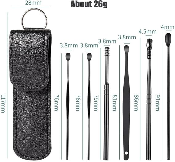 Spring Ear Cleaning Tool Kit - Contains 6 Pieces of Adult Spiral Ear Wax Remover, Ear Picker, Ear Wax Remover, Etc. -Ear Wax Removal Kit with Housing - Black