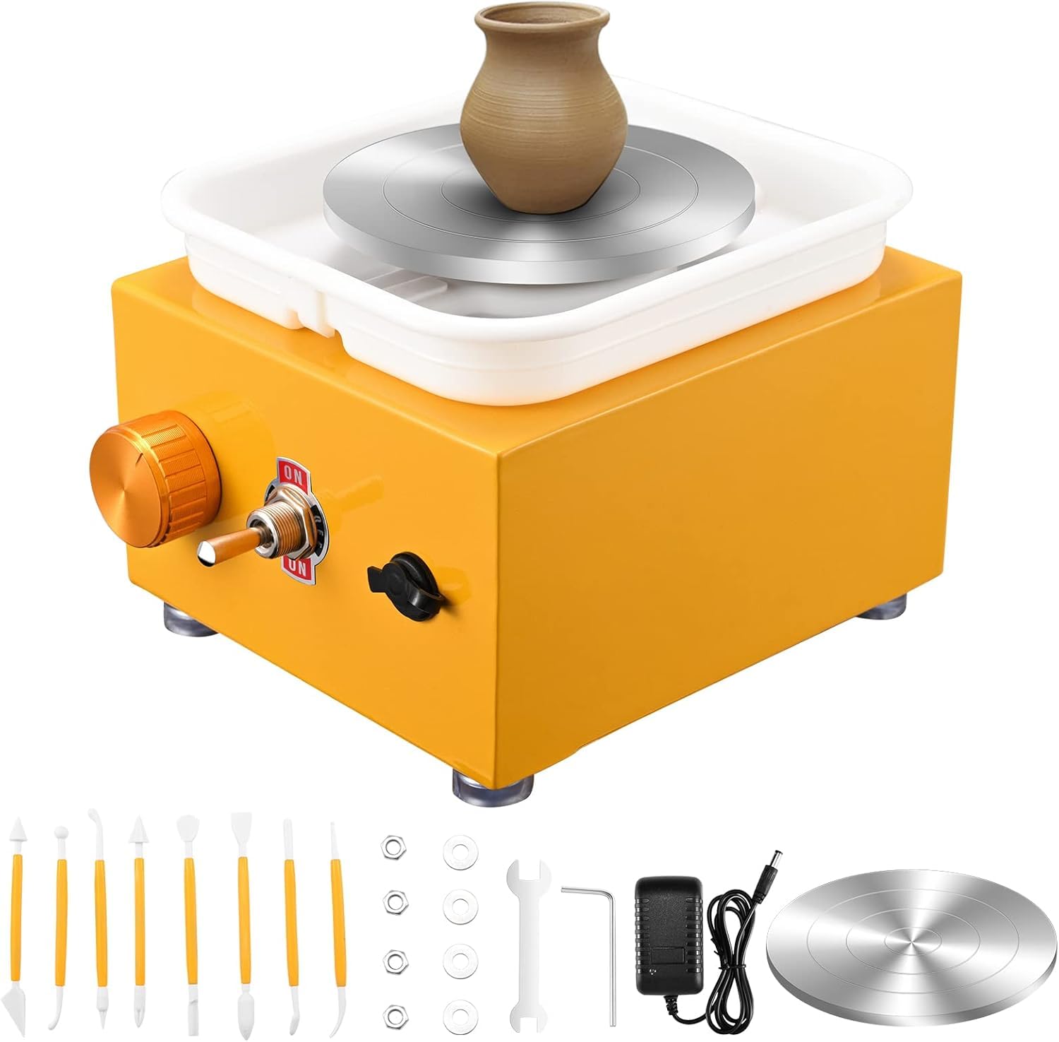 Mini Rueda de Cerámica,Torno Alfarero eléctrico 2000 RPM de Velocidad Ajustable,cerámica con Placas de 10/6,5 cm y para cerámica de Arcilla, Kit Ceramica para Niños y Adultos（Amarillo）