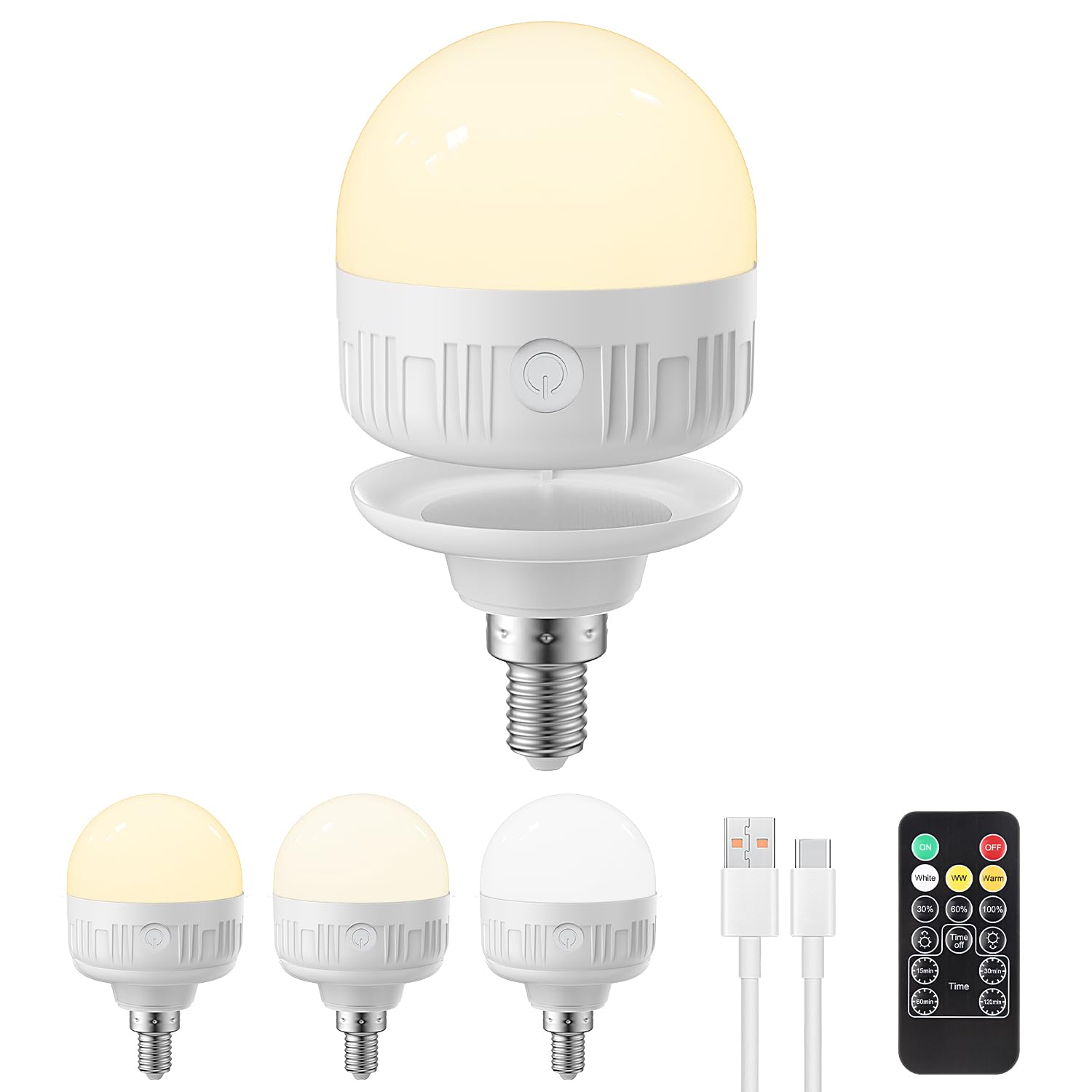 LGMCF Rechargeable Light Bulb, E14 Dimmable Light Bulb with Magnetic Base Detachable, 3 Color 8W Portable Battery Operated Bulbs with Remote Control & Timer for Non Hardwired Lamps, Emergency, 1 Pack