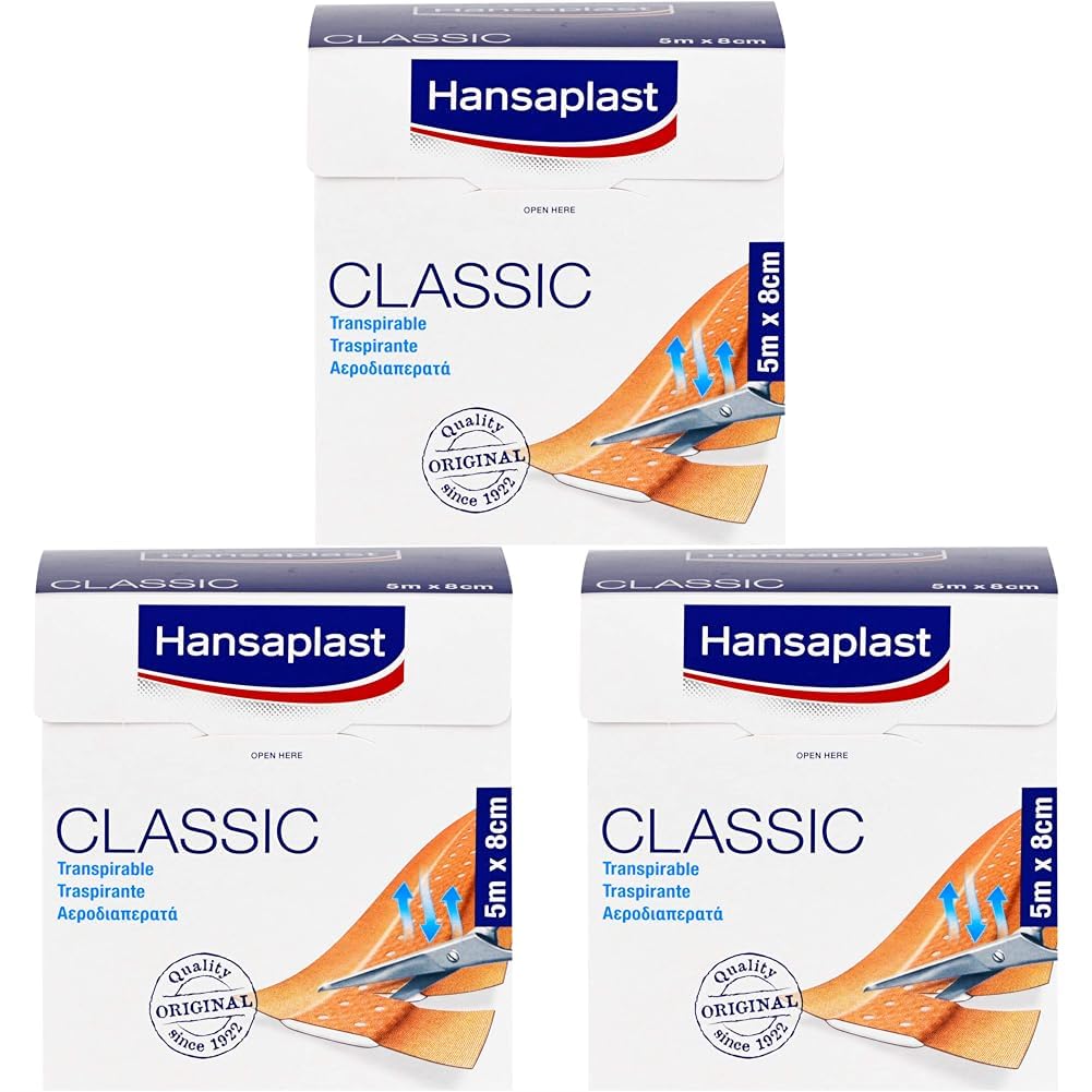 Hansaplast Classic Pflaster (5 m x 8 cm), zuschneidbare Wundpflaster mit extra starker Klebkraft, flexibles und atmungsaktives Verbandsmaterial (Packung mit 3)
