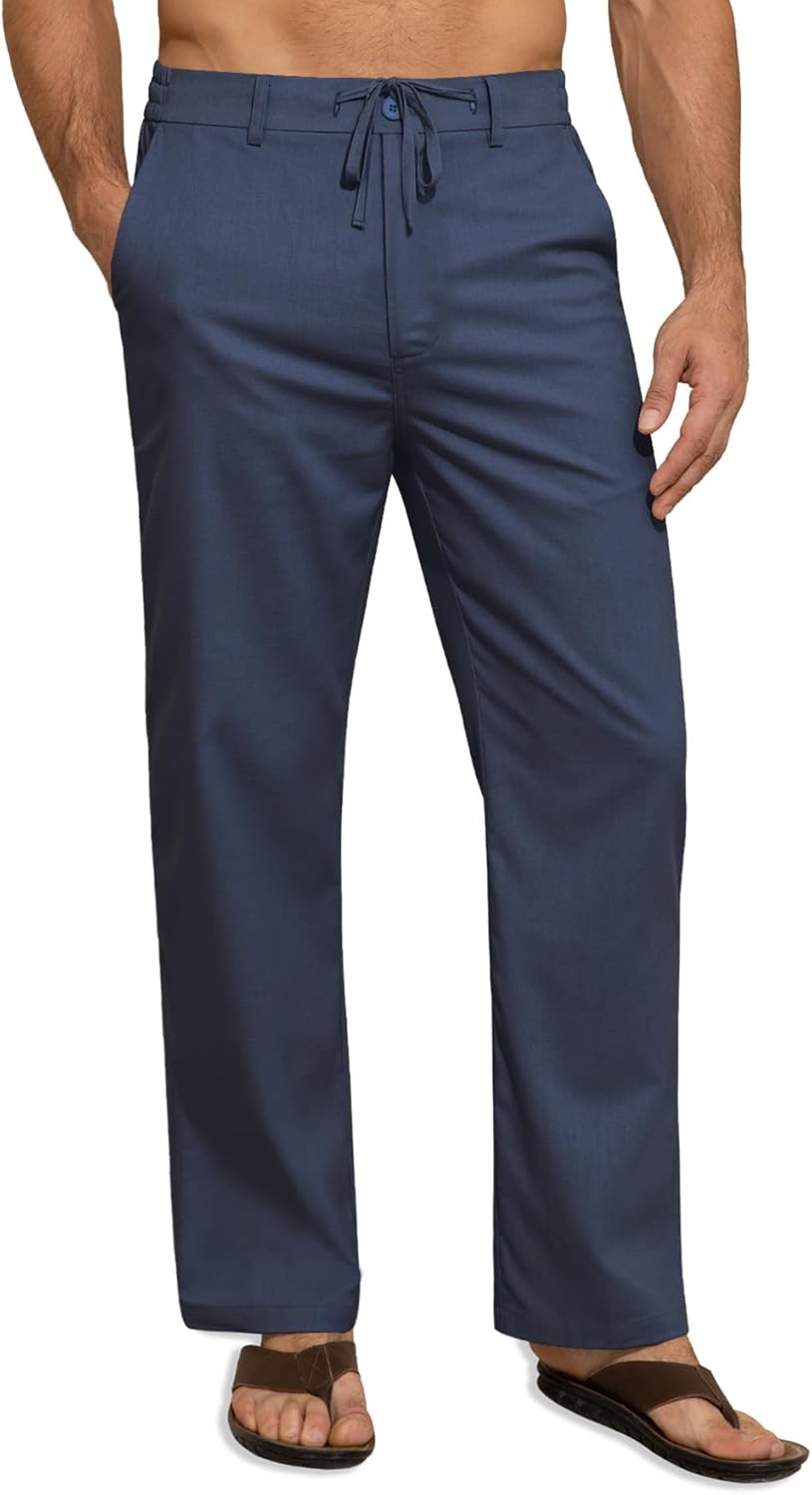 Mens Linen Pants Casual Linen Dress Pants Drawstring Summer Beach Lightweight Trousers with 4 Pockets
