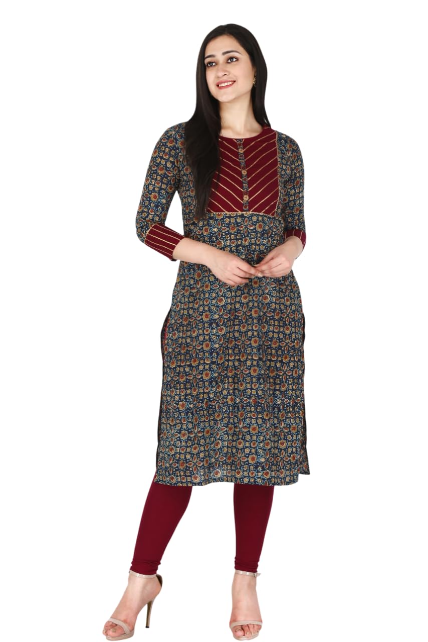 kriftee Women Floral Ajrakh Printed Jaipuri Sanganeri Print Pure Cotton Kurta Straight Regular Fit Kurti with Gotta Patti Work Suitable for Casual and Dailywear (Maroon Multi- Colour Ajrakh-picture-14