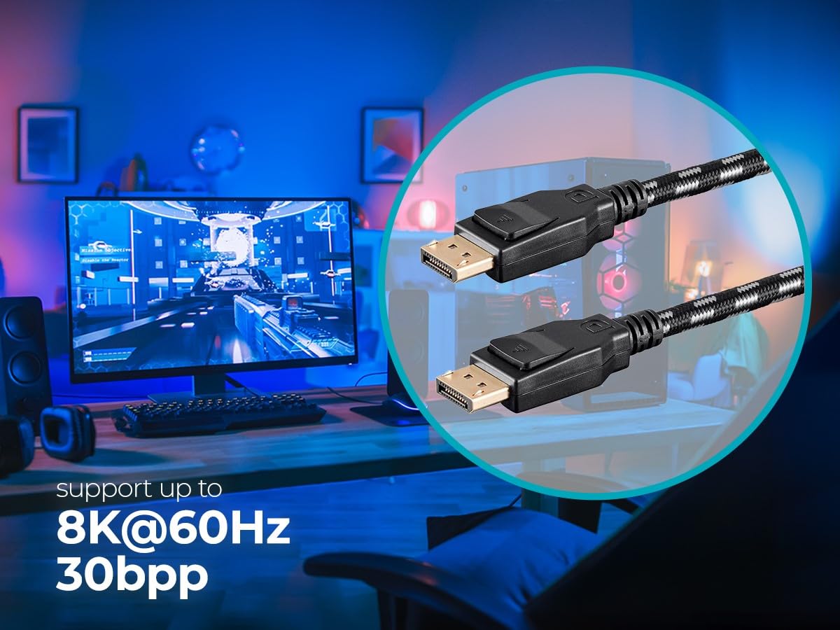 Monoprice Câble tressé DisplayPort 1.4 – 3 m – Gris – Capable 8 K pour la conception graphique, les murs TV et les jeux sur PC