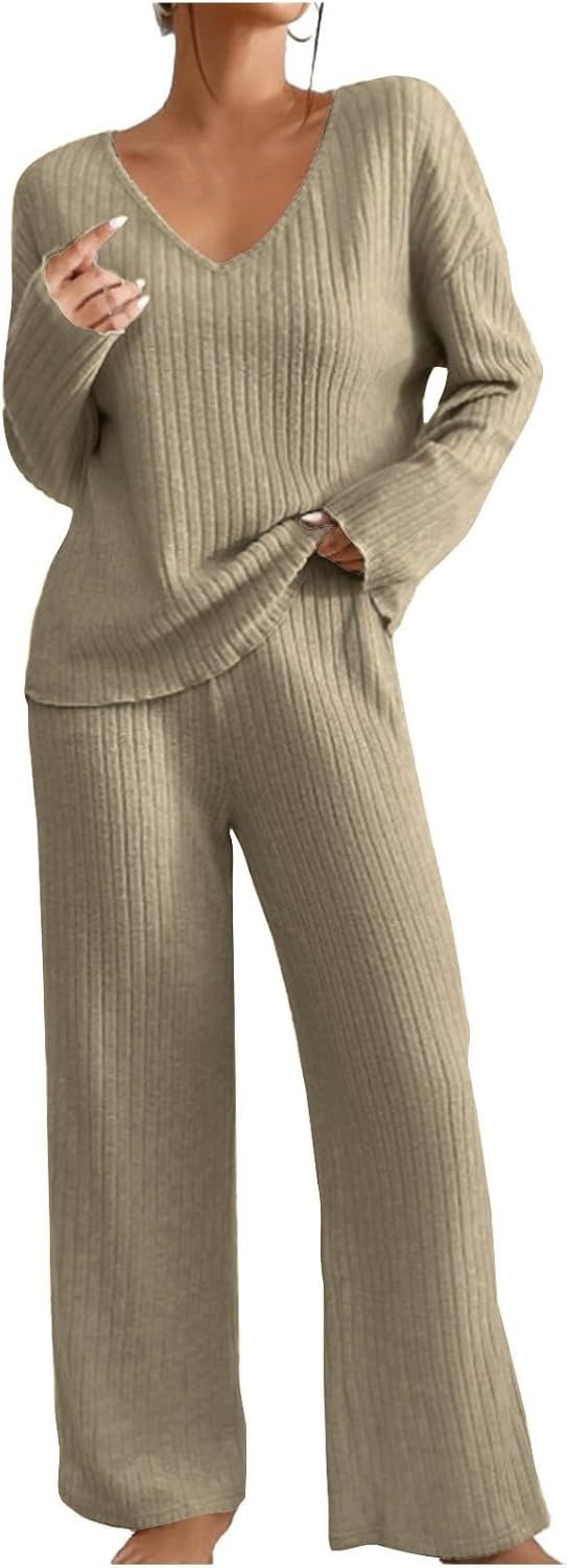 Flodxo Survêtement Complet 2 Pièces Co Ord Pour Femme Ensemble De Pyjama En Tricot Côtelé à Manches Longues Col En V Pull Jambe Large Jogging Tenue D'intérieur Yoga Survêtement, A Beige., S