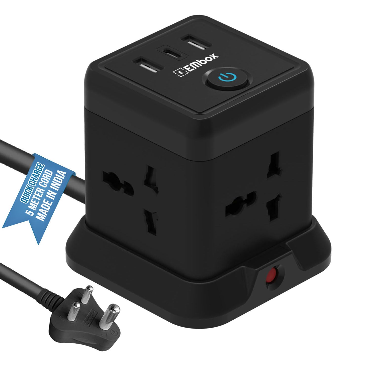 EMBOX Cube Extension Board 5 Meter Cable (QC 3.0)| 2500W Heavy Duty Extension Board with USB Type C Universal Sockets & Master Switch |Compact Extension Cord Safety Shutter & Overload Protector-picture-17