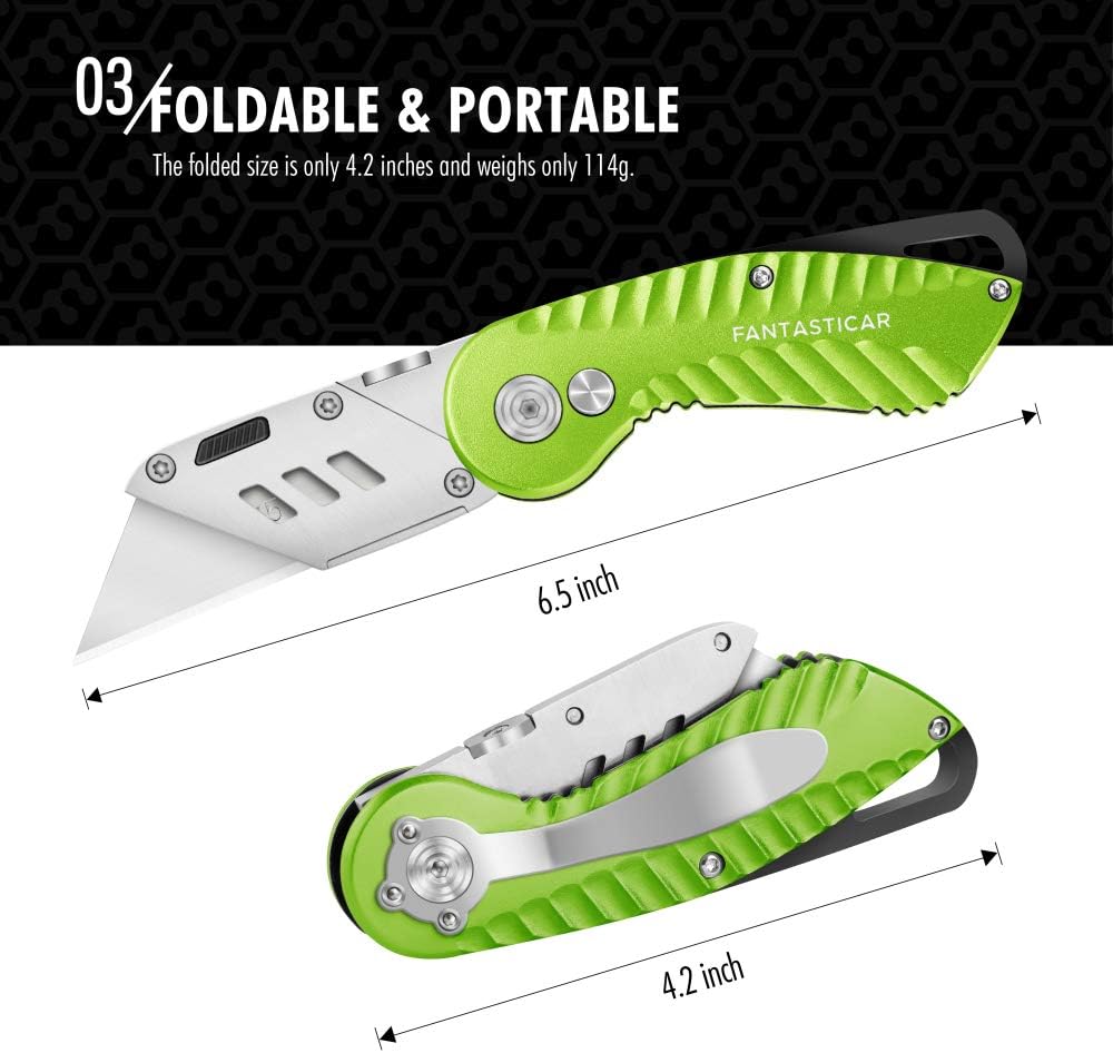 FantastiCAR Folding Utility Knife, Quick Blade Change Box Cutter, Anti-slip Metal Body, with Safety Lock and 5 Extra Blades (Spring Green)