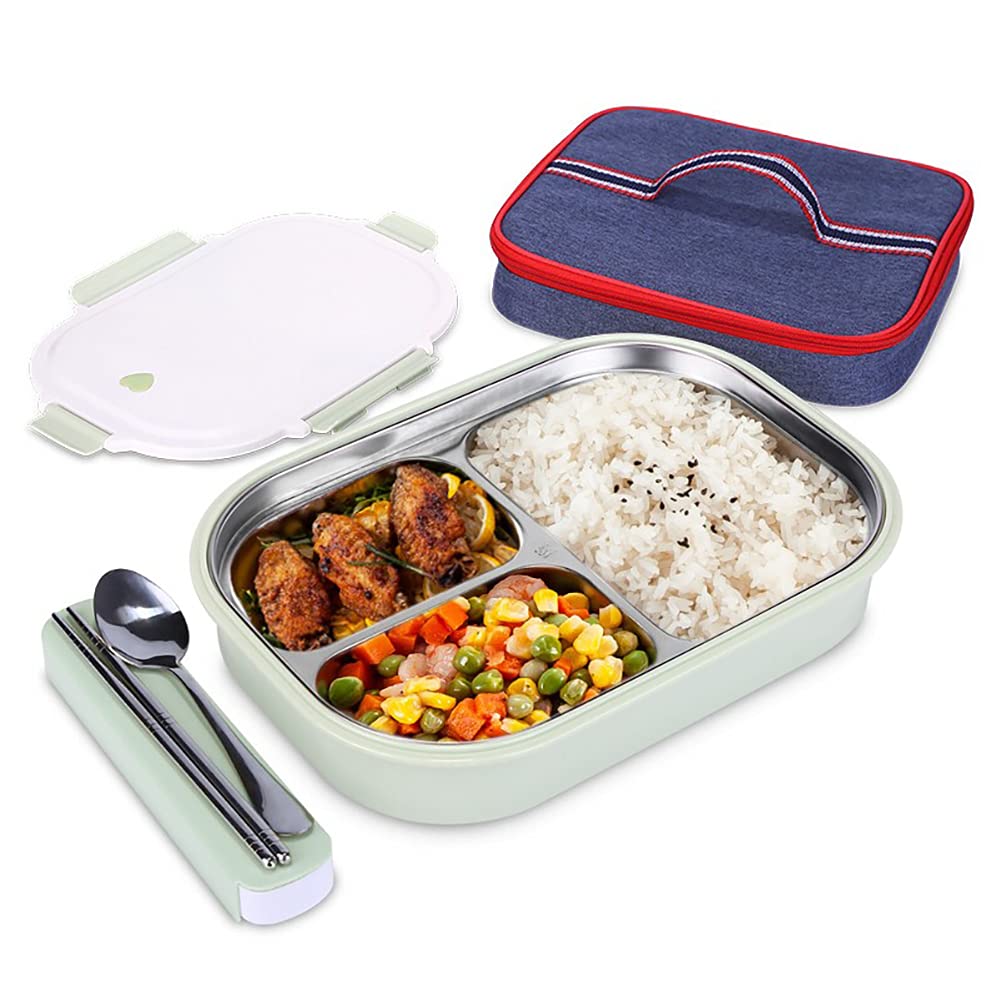 JKMQA 3 Compartment Bento Lunch Box Stainless Steel 304,Leakproof Compartment Lunch Boxes Kids,Portable Bento Box For Adults Lunch Container For Kids,BPA Free,Reusable (Green)