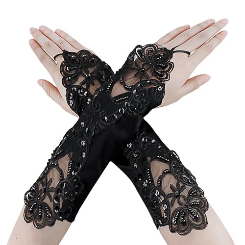 FakeFace Flower Girls Gloves Pageant Satin Bowknot Wrist Long Lace Wedding Dress Gloves 5-12Yrs - Fingerless Bead-black