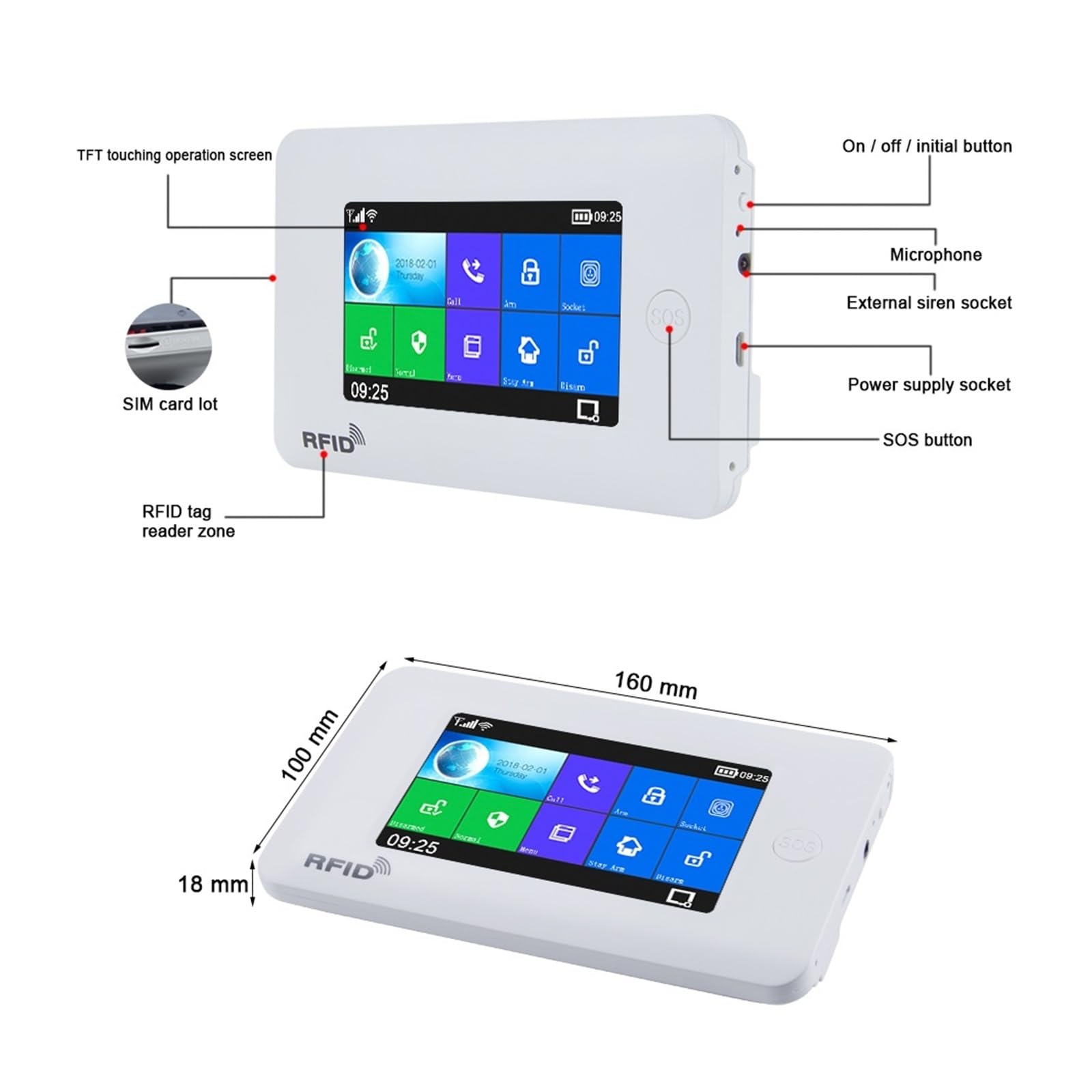 Sistema de Alarma, El Equipo Elegante del De Alarma Ladrón La Seguridad Hogar gsm Desarma Brazo Control Remoto Pantalla Táctil 4,3 Pulgadas(Solar Outdoor Siren)