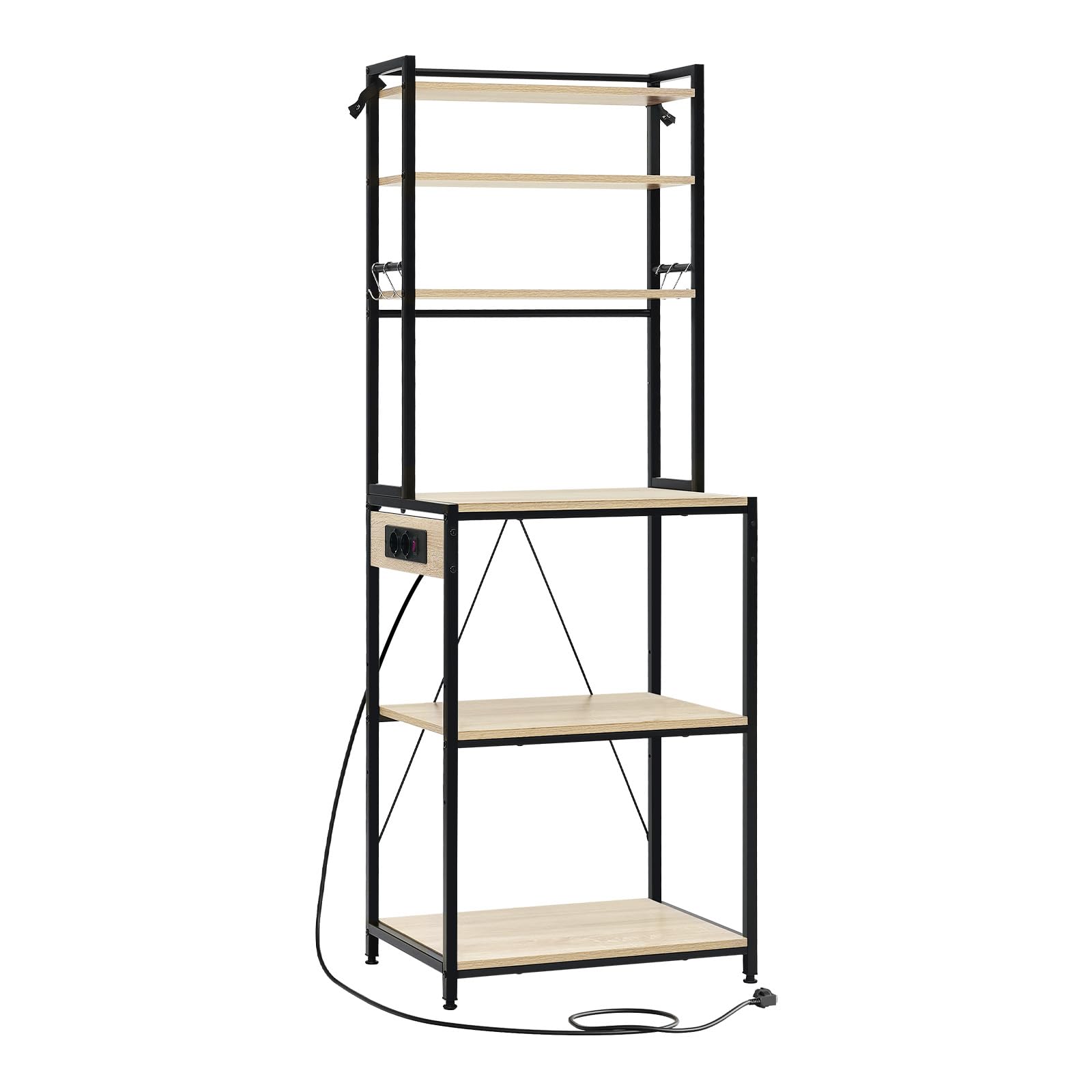 WOLTU Estantería Cocina con Enchufes, Soporte para Microondas con 6 Estantes y 6 Ganchos, Estanteria Almacenaje para Cocina Baño Salón, Metal+Madera, Negro+Roble Claro, 60x39,5x167 cm