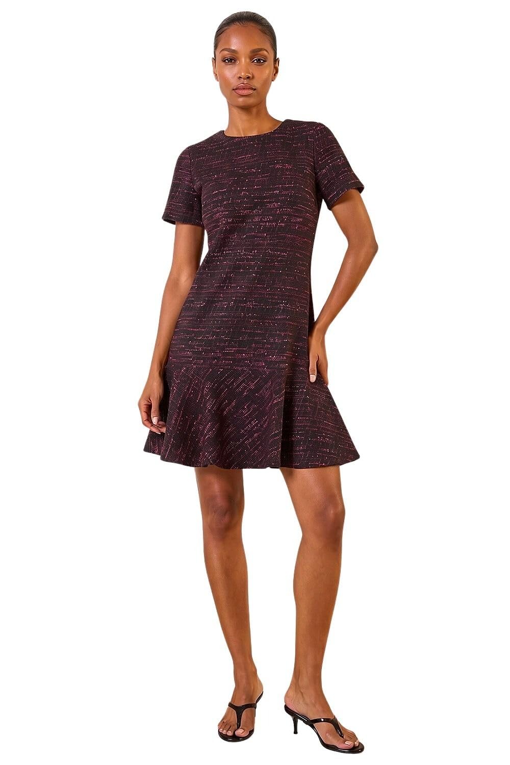 Roman Originals Women's Red Textu Frill Hem Stretch Dress For Uk - Everyday Autumn Winter Round Neckline Comfy Soft Evening Vacation Work Party Night Out - Size 10