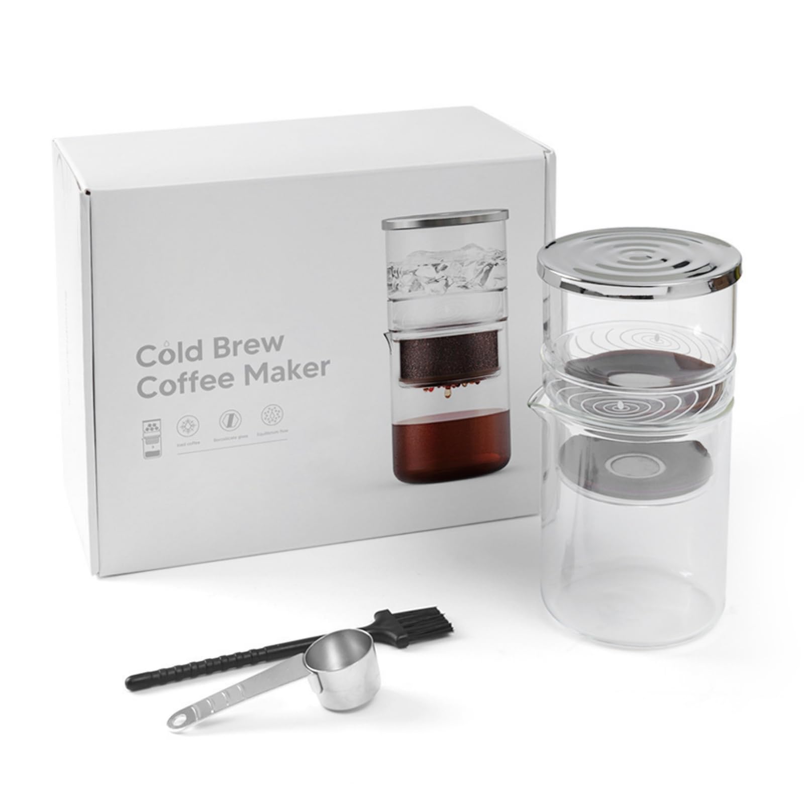 kowaku Dispositivo per Caffè Freddo Caraffa Infusore Contenitore con Corpo Cilindrico a E Base Stretta Coperchio in Acciaio per Mantenere Freschezza con Spazzola Adatto a Viaggi 300ml