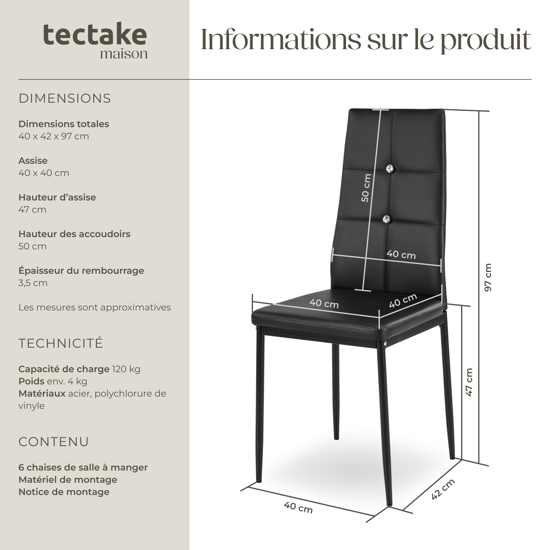 tectake® Lot de 6 Chaises de Salle à Manger Moderne Chaise Ergonomique Rembourrée Confortable Chaise Design en Cuir synthétique Meuble Salon avec Pieds en Acier pour Salon, Coiffeuse, Chambre