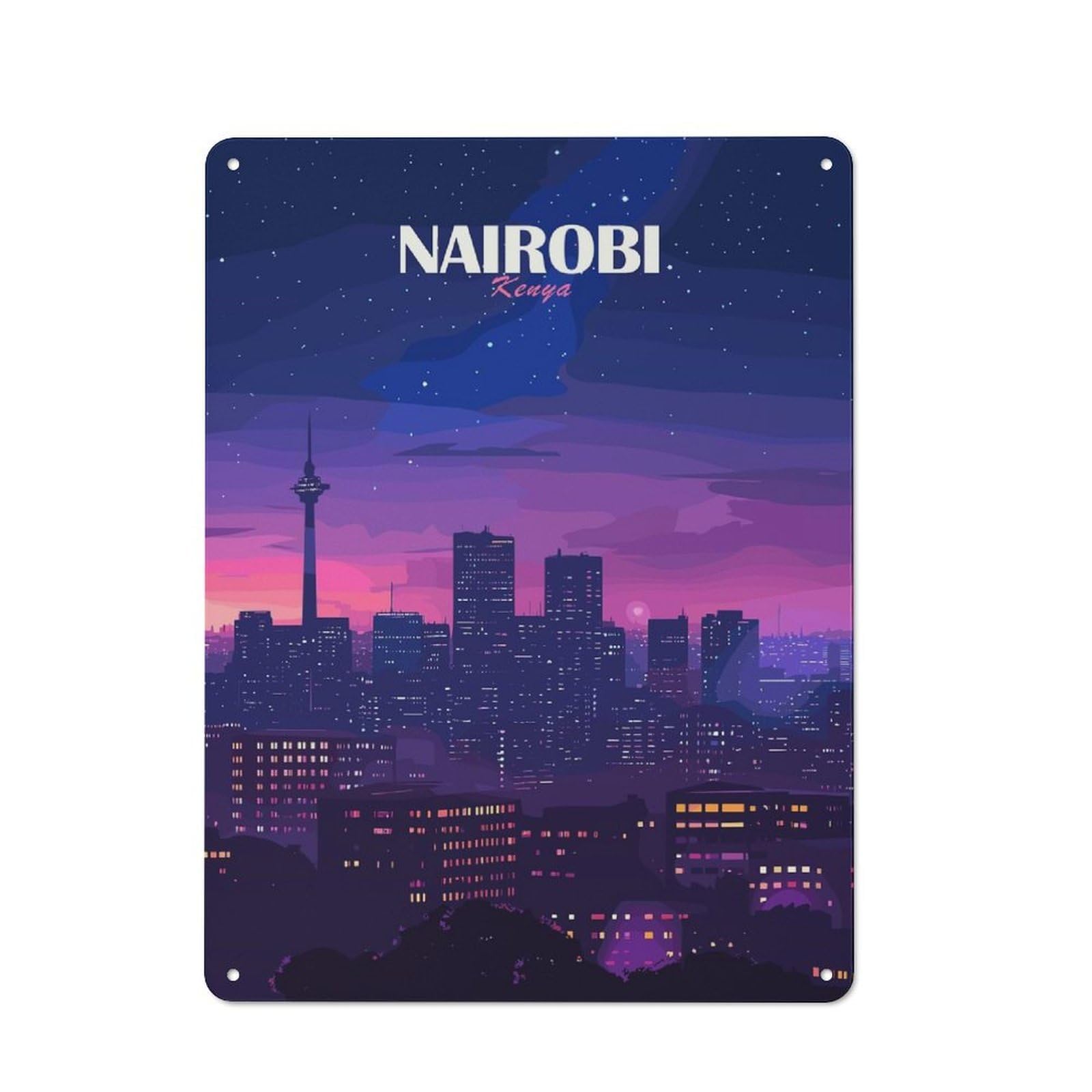 Junmoney Nairobi, Kenya Cityscape At Night Shed Style Rustic Tin Sign 40X30cm Featuring Utility Space Decor For Conservatory, Home Bar Or Utility Room
