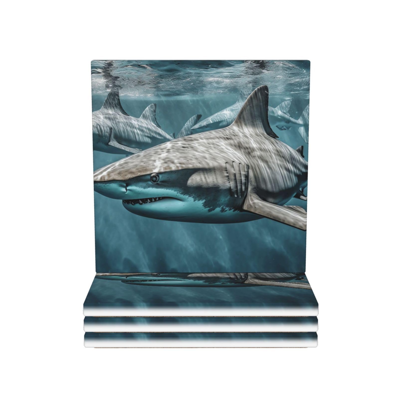Drink Coasters Set of 4 Coffee Ceramic Coaster Several Sharks in the Ocean Coasters for Drinks Coffee Cup Mat Heat Resistant Tabletop Protection Coaster Desk Accessorie Home Decorative