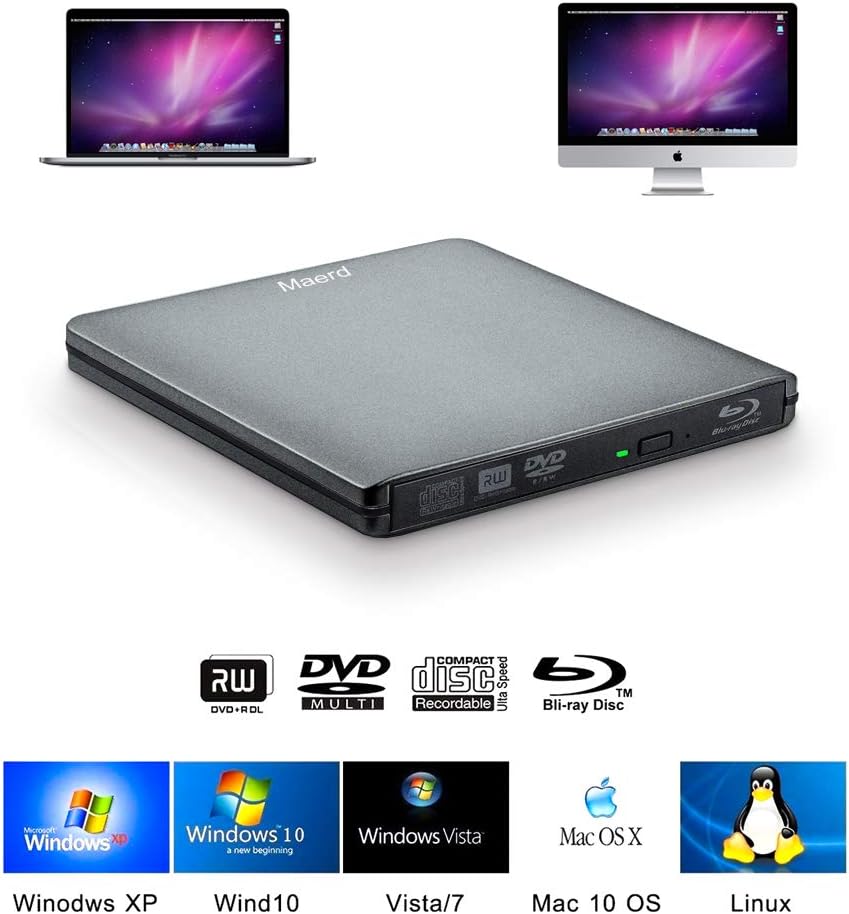 Maerd External Blu Ray DVD Drive, USB3.0 Type-C Portable Blu Ray Player CD DVD BD Burner 6X 3D CD DVD Bluray Burner for Windows XP/7/8/10 Laptop, Desktop (Grey)