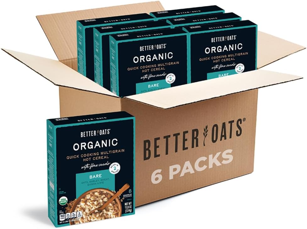 Better Oats Bare Organic Multigrain Hot Cereal Packets, Instant Oatmeal, Thick and Hearty Texture, USDA Organic, Box of 8 Pouches (Pack of 6)