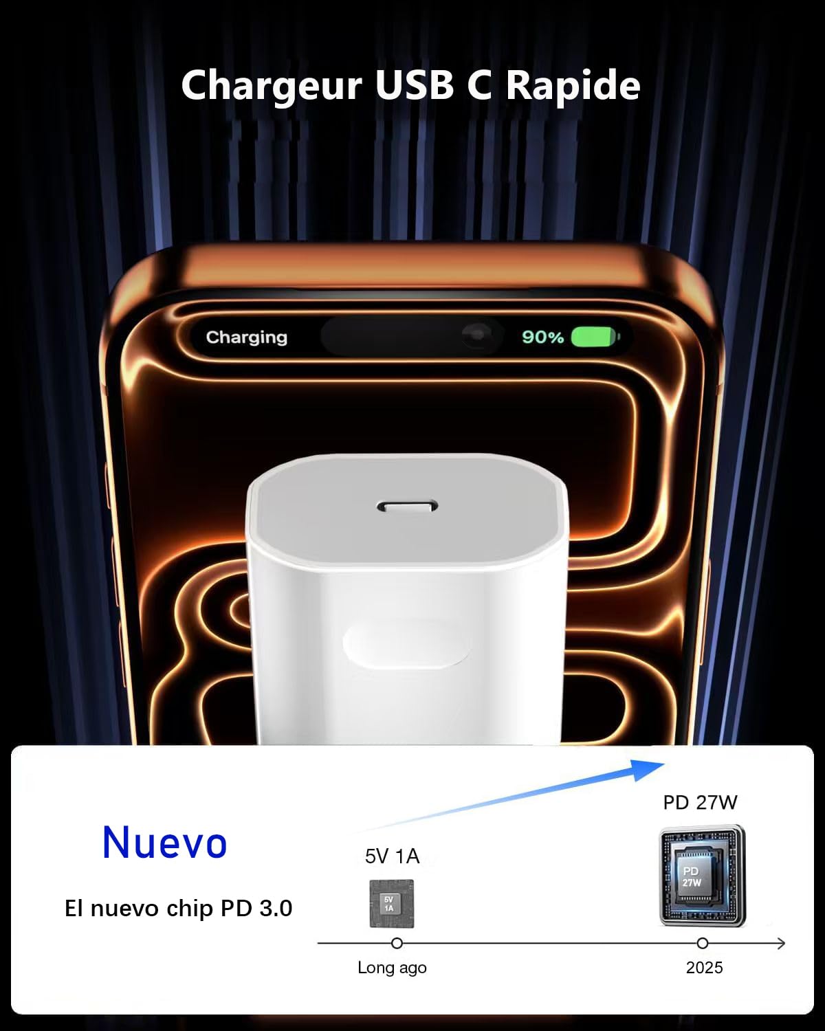 Chargeur USB C Rapide pour iPhone 17/17 Air/17 Pro/17 Pro Max, iPhone 16/15/15 16 Pro Max, Prise Adaptateur Secteur Embout 27 W avec Câble USB-C 2M