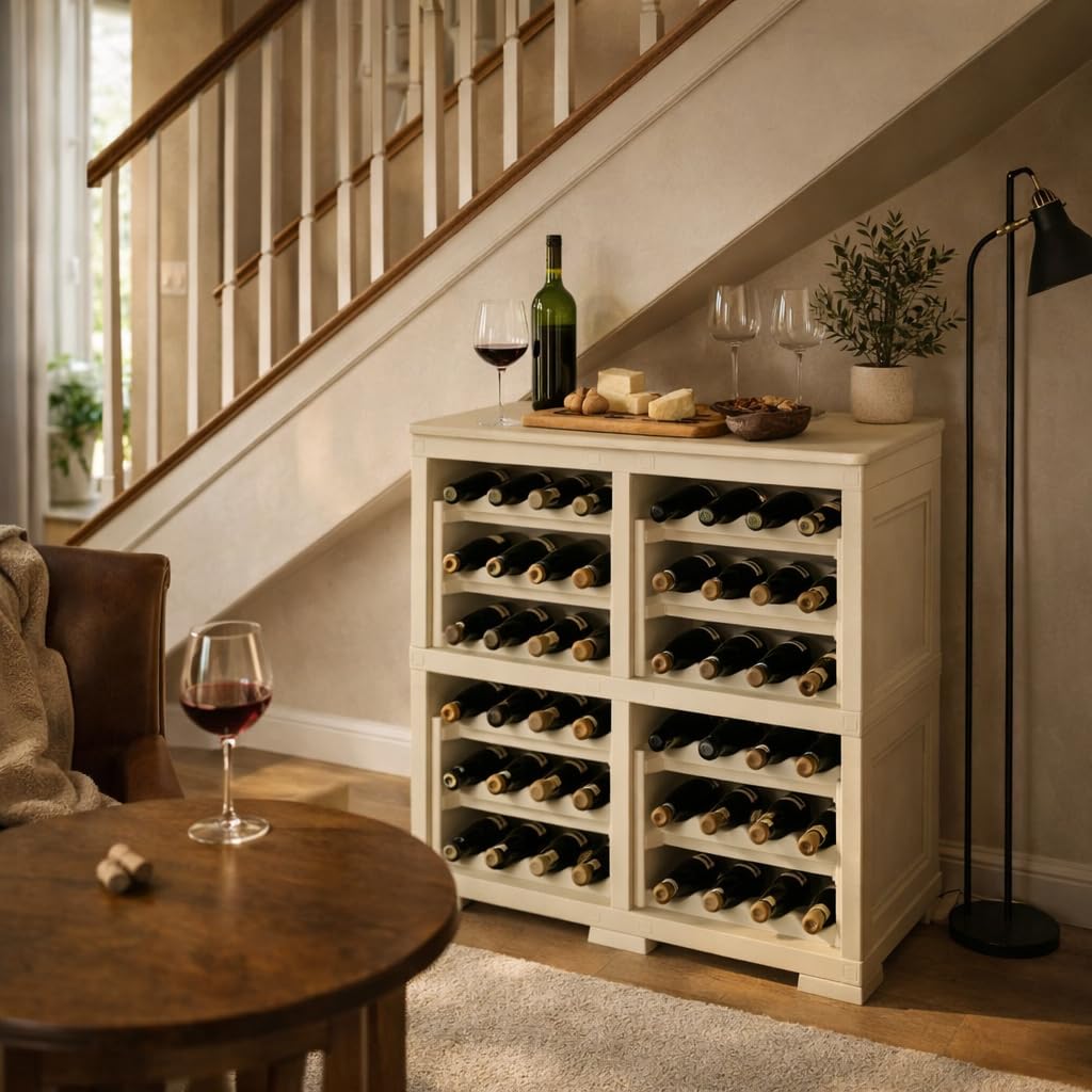 Scaffale Portabottiglie per 48 Bottiglie, Cantinetta Vino Modulare in Plastica, Mobile Porta Vino a Vista per Cucina, Cantina o Soggiorno, 79x42,5x85,5 cm (Angora)
