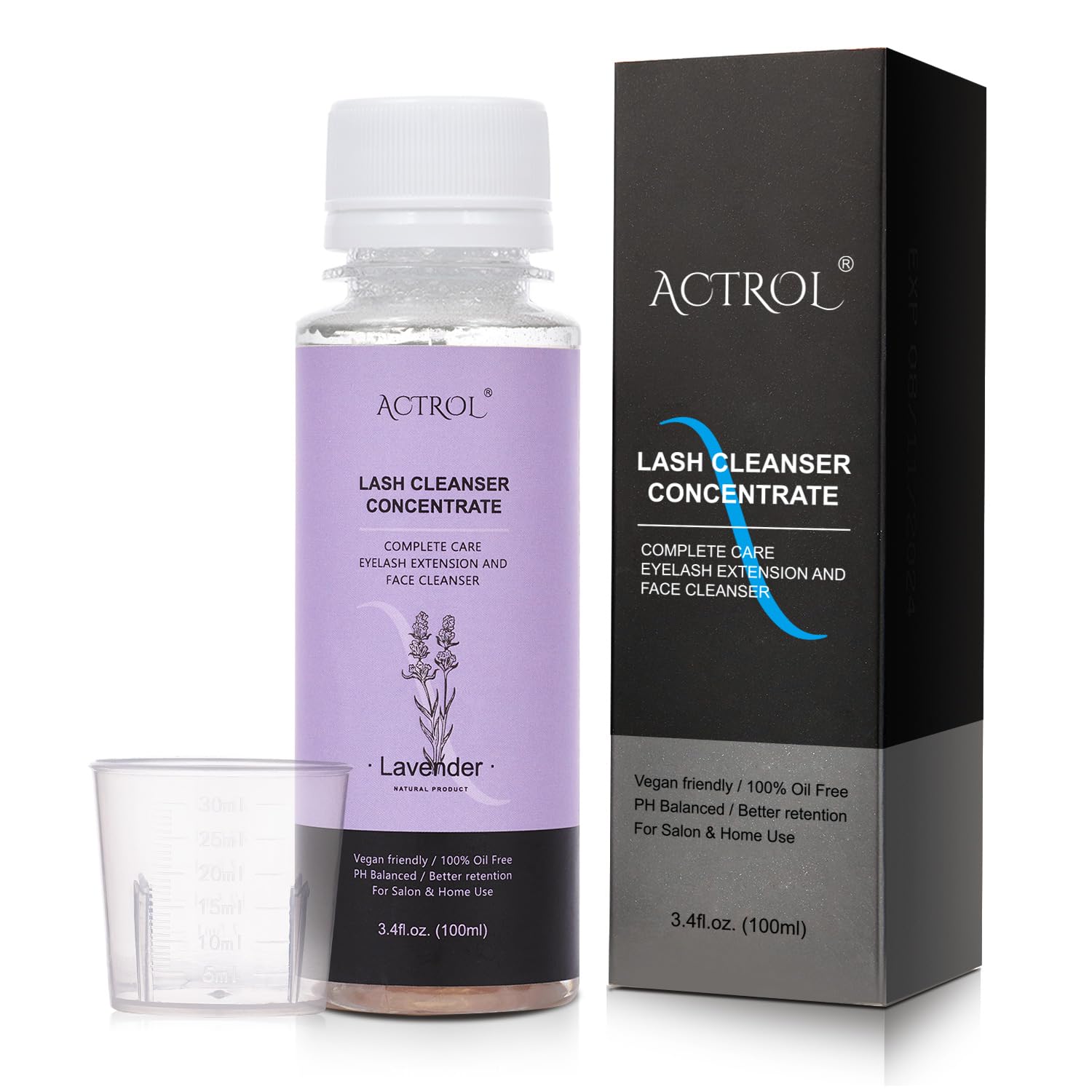 ACTROL Szampon do rzęs skoncentrowany 100 ml, środek do czyszczenia przedłużania rzęs, koncentrat lawendowy, szampon spieniający bez parabenów i siarczanów, do przedłużania rzęs, w zestawie