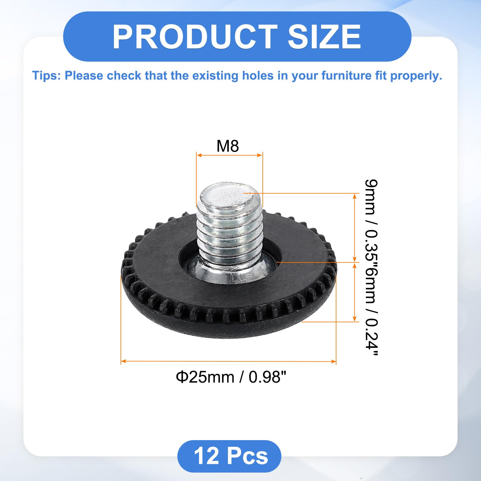 sourcing map Möbelfüße mit M8-Gewinde, 25 x 9 mm, verstellbare Nivelliertischfüße, zum Anschrauben, Möbelgleiter, Nivellierung für Stuhlhockerbeine, Schwarz, 12 Stück