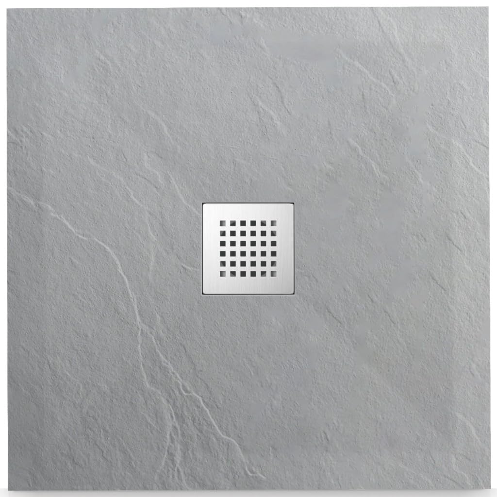 Plato de Ducha de Resina con Tapa de Acero Inoxidable, Textura Antideslizante y Antibacteriana, Extraplano y Recortable, Gris Claro "F" 80x80x2,5cm Stone Tray
