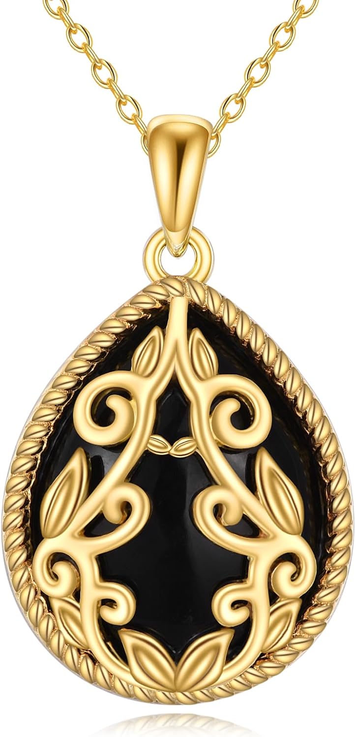 YAFEINI Black Onyx Necklace Sterling Silver Teardrop Pendant Necklace 18K Yellow Gold Plated Filigree Boho Chain Necklace Jewelry Gifts for Women Girls