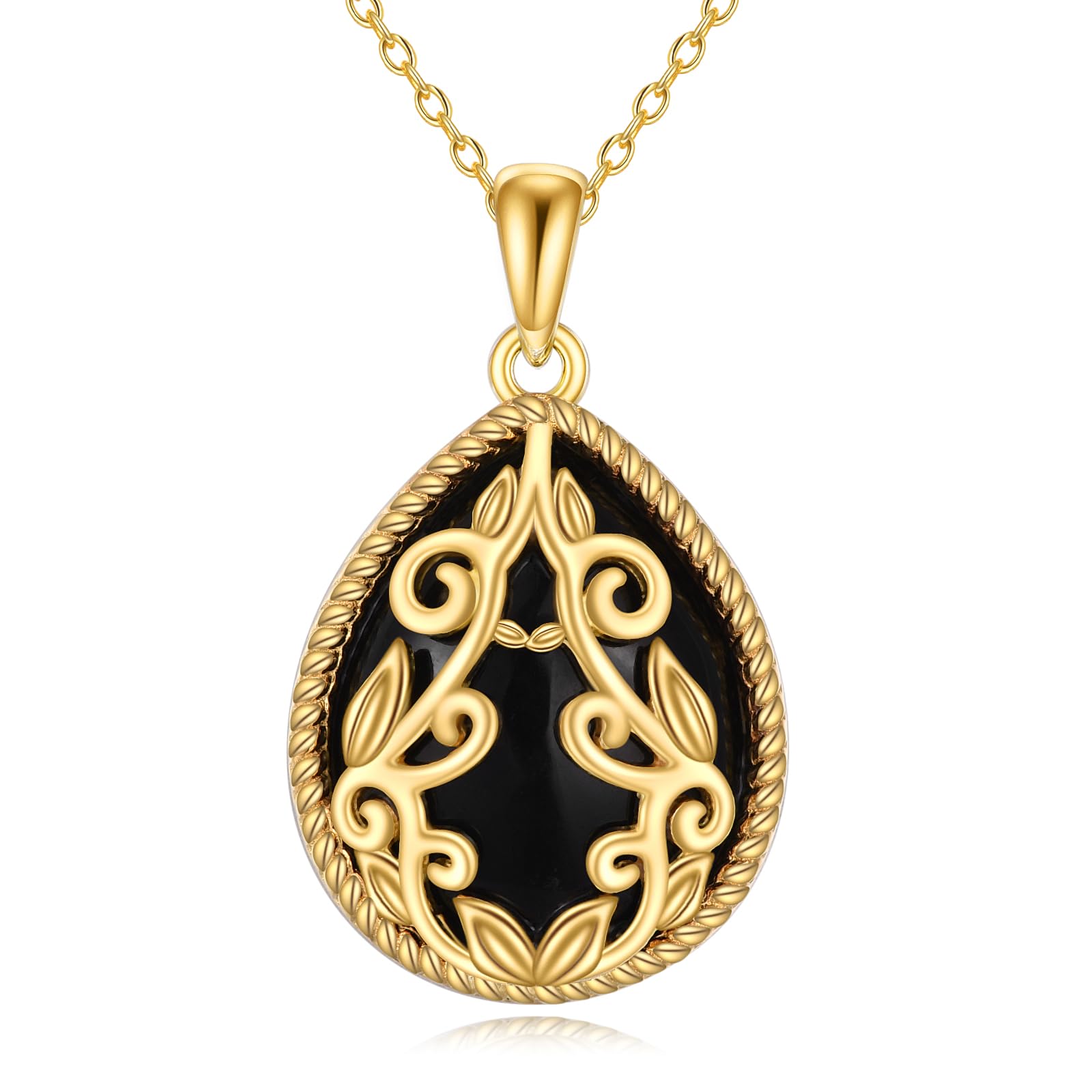 YAFEINI Schwarze Onyx Kette Sterling Silber Tropfen Anhänger Halskette 18 Karat Gelbgold Vergoldet Filigrane Boho Kette Halskette Schmuck Geschenke für Damen