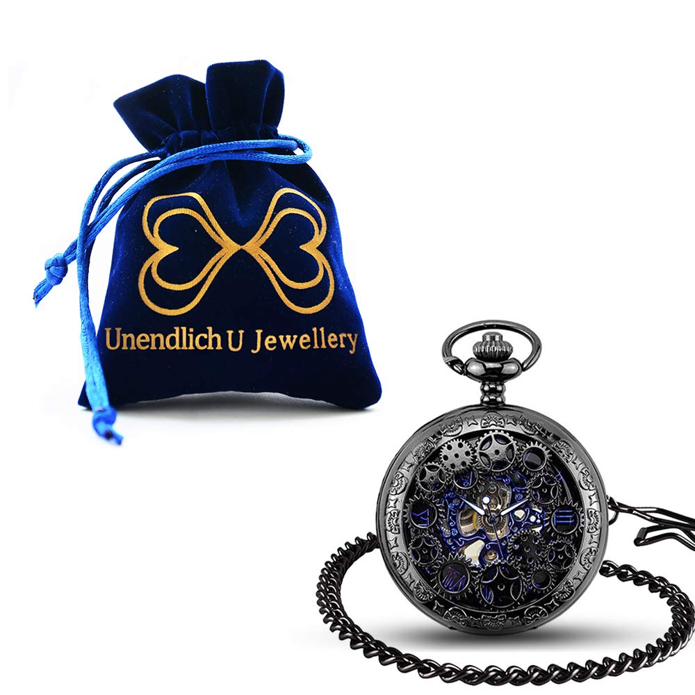 Unendlich U Montre de Poche mécanique Homme, Montre de Poche Vintage, Steampunk Gears Séries Squelette Cadran en Chiffres Romains, Boîtier d'acier Inoxydable Noir, pour Homme Femme