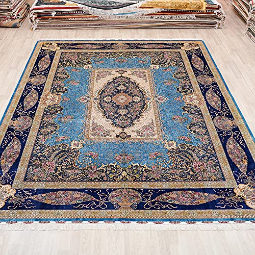 Tianjiang Carpet 10X14Ft Hand Knotted Silk Rug Large Oriental Area Rugs For Living Room Bedroom Dinning Room (Blue&Beige) #TOP1