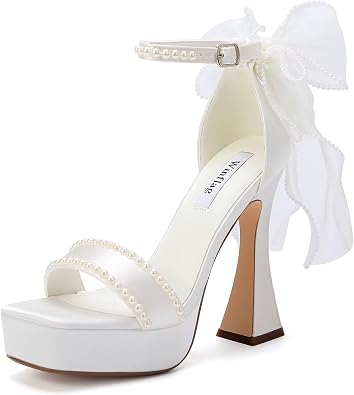 Platform Heels Wedding Shoes for Bride with Bow Pearl Bridal Shoes High Heeled Wedding Sandals