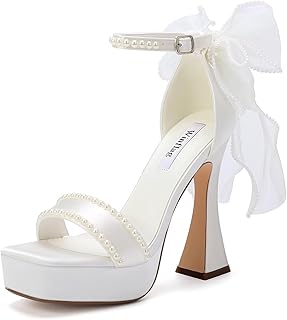 Platform Heels Wedding Shoes for Bride with Bow Pearl Bridal Shoes High Heeled Wedding Sandals