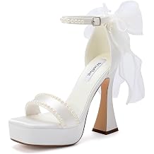 Platform Heels Wedding Shoes for Bride with Bow Pearl Bridal Shoes High Heeled Wedding Sandals