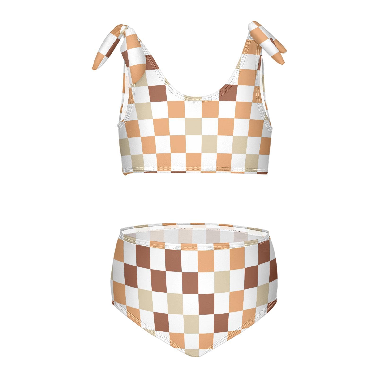 Wusikd White Brown Orange Girls Swimsuits Two Piece Checkerboard Swimwear Bikini Set for for Girls Size 7-8T
