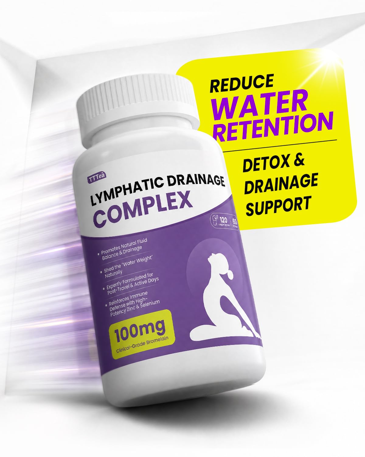 Lymphatic Drainage Supplement - Echinacea, Elderberry, Dandelion & Burdock Root with Bromelain - Support Lymphatic Wellness, Bloating Relief, Fluid Balance & Body Detox for Women -120 vegan Capsules